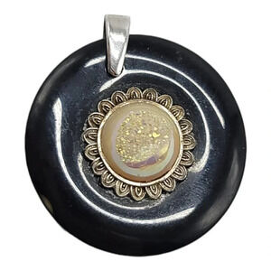 PJC India Yellow Druzy Sterling Silver .925 Black Lucite Necklace Pendant
